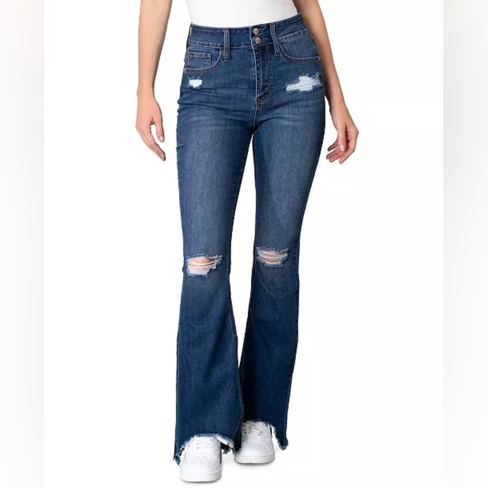 NWT- Sincerely Jules Blue High-Rise Distressed Raw Bite Hem Flare Jean Size 28